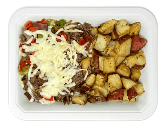 Tri-Color Potato & Ground Beef with Bell Peppers and Shredded White Cheese